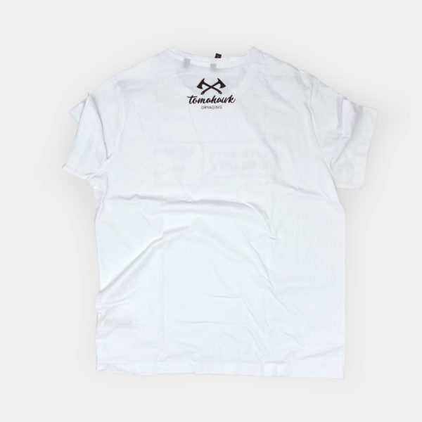 TOMAHAWK DRYAGING Herren T-Shirt, 100% Baumwolle, Weiß, Schwarzer Aufdruck: Cuts, Guts & Glory, Rückseite